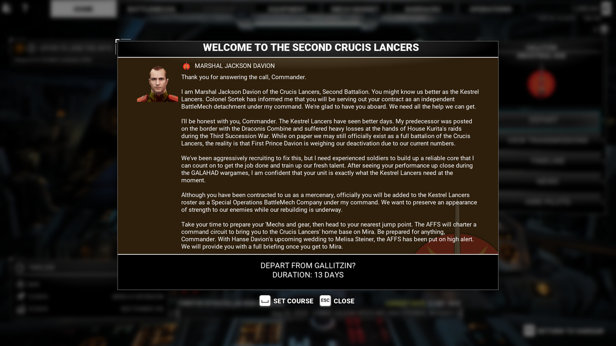 Il maresciallo Jackson Davion dà il benvenuto al giocatore ai Kestrel Lancers.