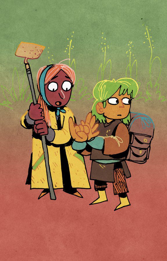 Una donna con una zappa legge il linguaggio dei segni dato da un uomo furtivo.