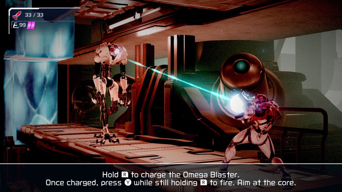 Samus punta l'Omega Blaster a un EMMI in Metroid Dread