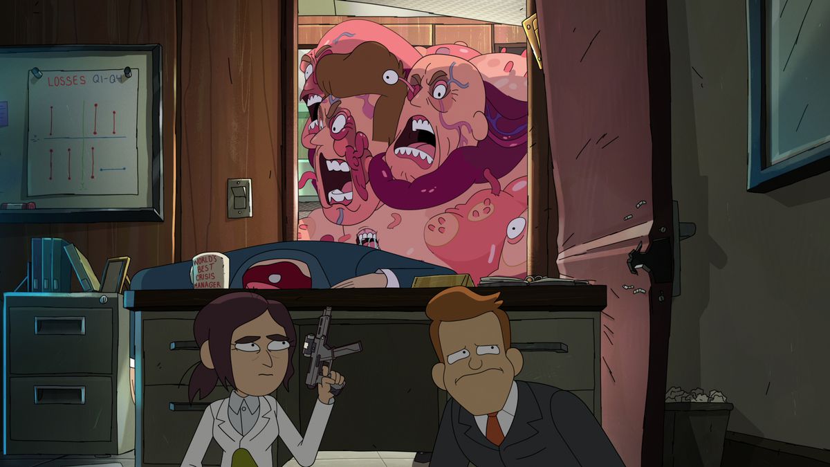 reagen e brett si nascondono da un mostro di carne trasudante