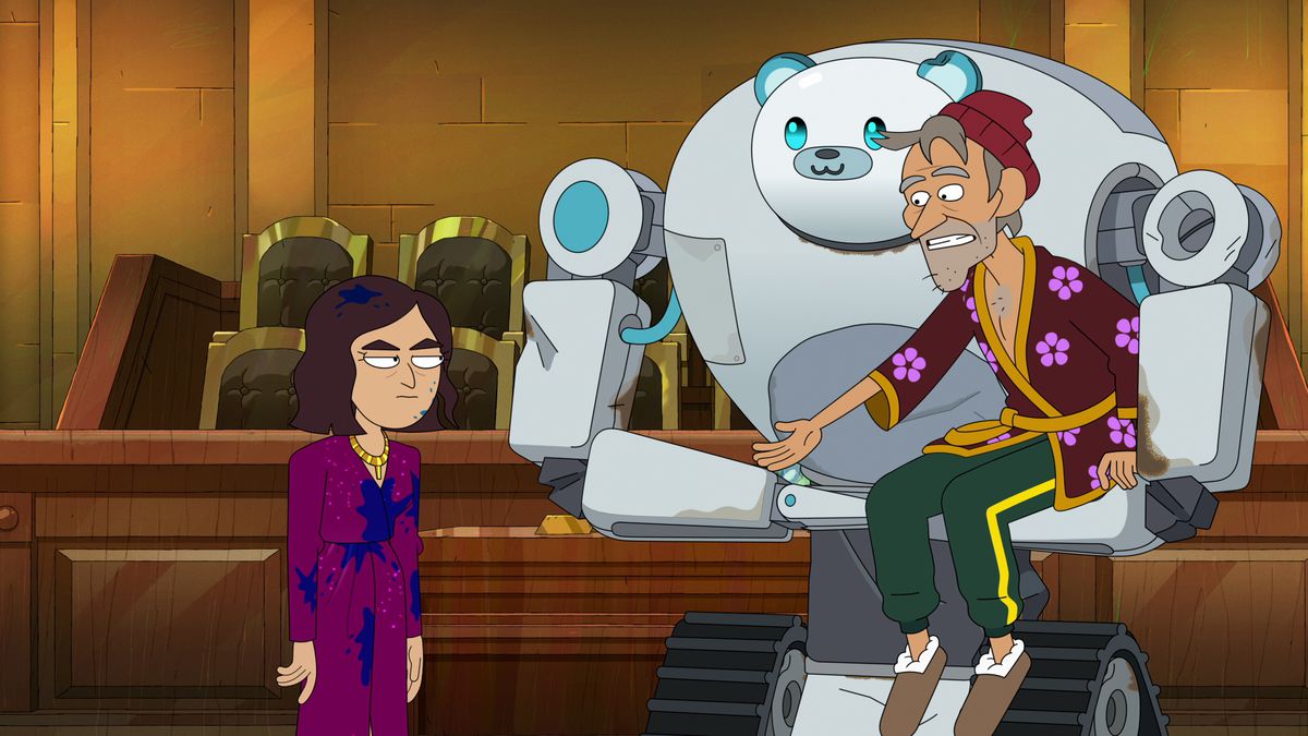 reagen guardando vagamente incazzato suo padre, che sta pilotando una specie di mech