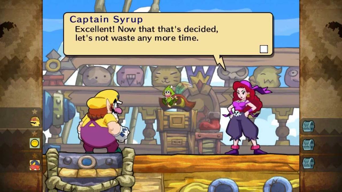 Wario Land: Scuotilo! - Il Capitano Syrup, un pirata vestito di viola, affronta Wario sulla sua nave.
