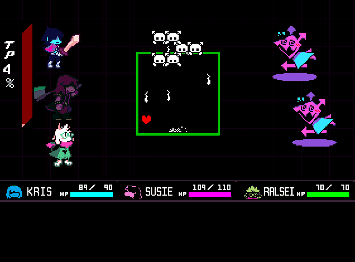 Kris, Ralsei e Susie di Deltarune combattono i pop-up in una battaglia