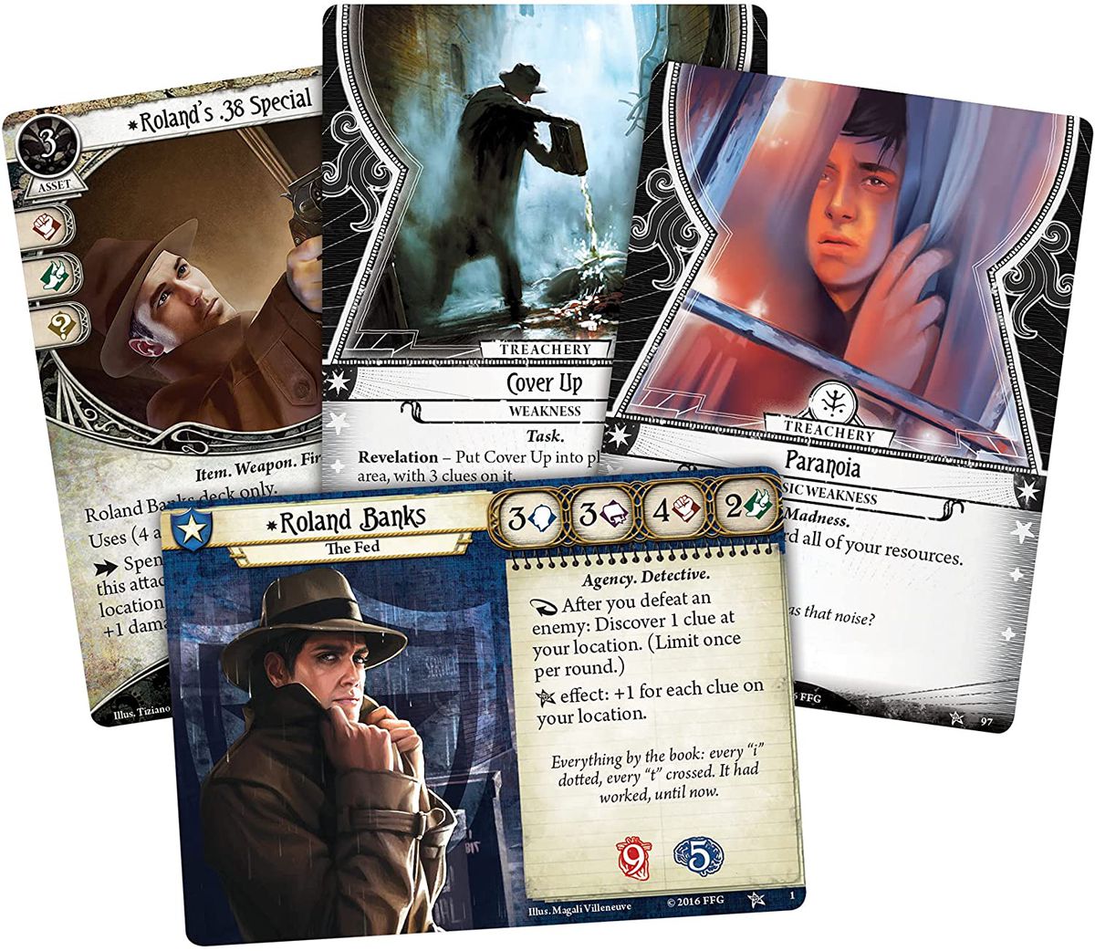 Esempi di carte da Arkham Horror: The Card Game, tra cui Roland