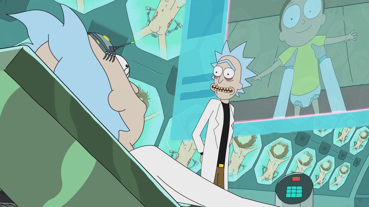 Rick tenuto in ostaggio da una versione malvagia di se stesso con un ricordo del piccolo Morty che gioca in sottofondo in S109