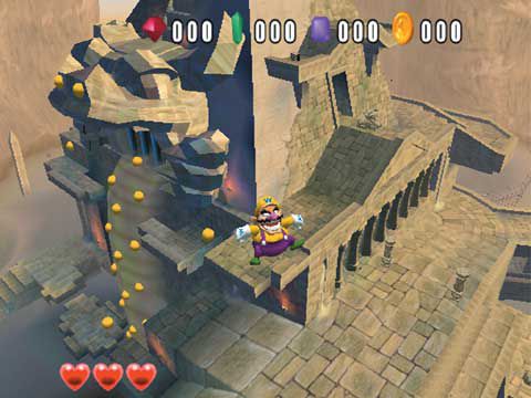 Wario è in piedi sul davanzale di una passerella di pietra, e accanto a lui si riversano monete d'oro