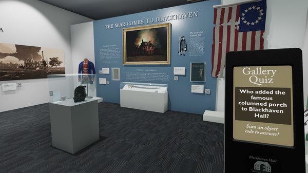 l'immagine di una mostra museale in un gioco. il nome della mostra nel gioco dice