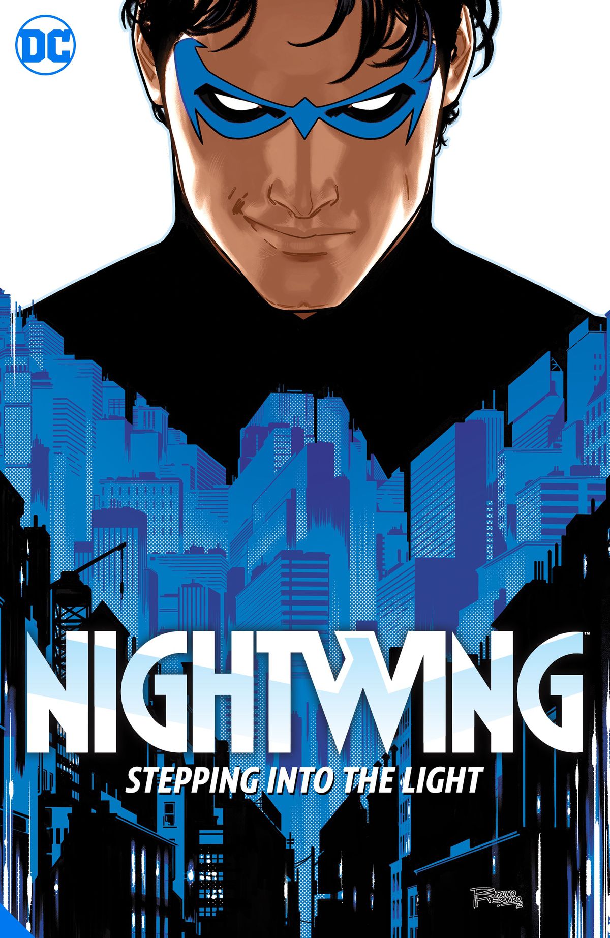 Nightwing smirks — the blue winged shape on his costume is the silhouettes of skyscrapers — on the cover of Nightwing Vol 1: Leaping into the Light (2021).