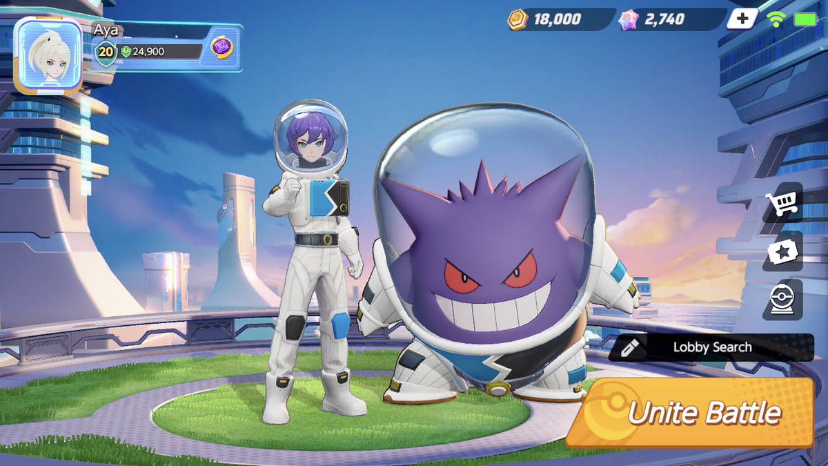 un allenatore e generi entrambi vestiti con tute spaziali in pokemon unite