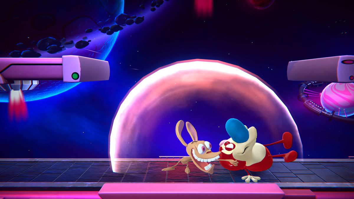 Uno screenshot di Ren che usa Stimpy come arma in Nickelodeon All-Star Brawl