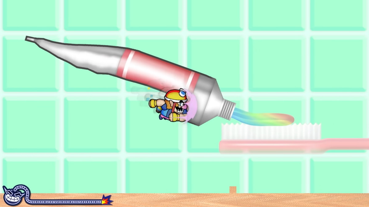 Wario che prende a pugni un tubetto di dentifricio in WarioWare: Get It Together!