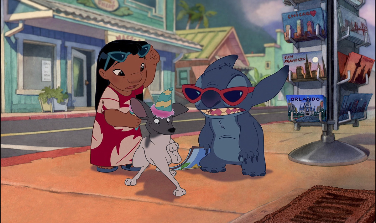 lilo and stitch wearing sunglasses and regarding a small dog