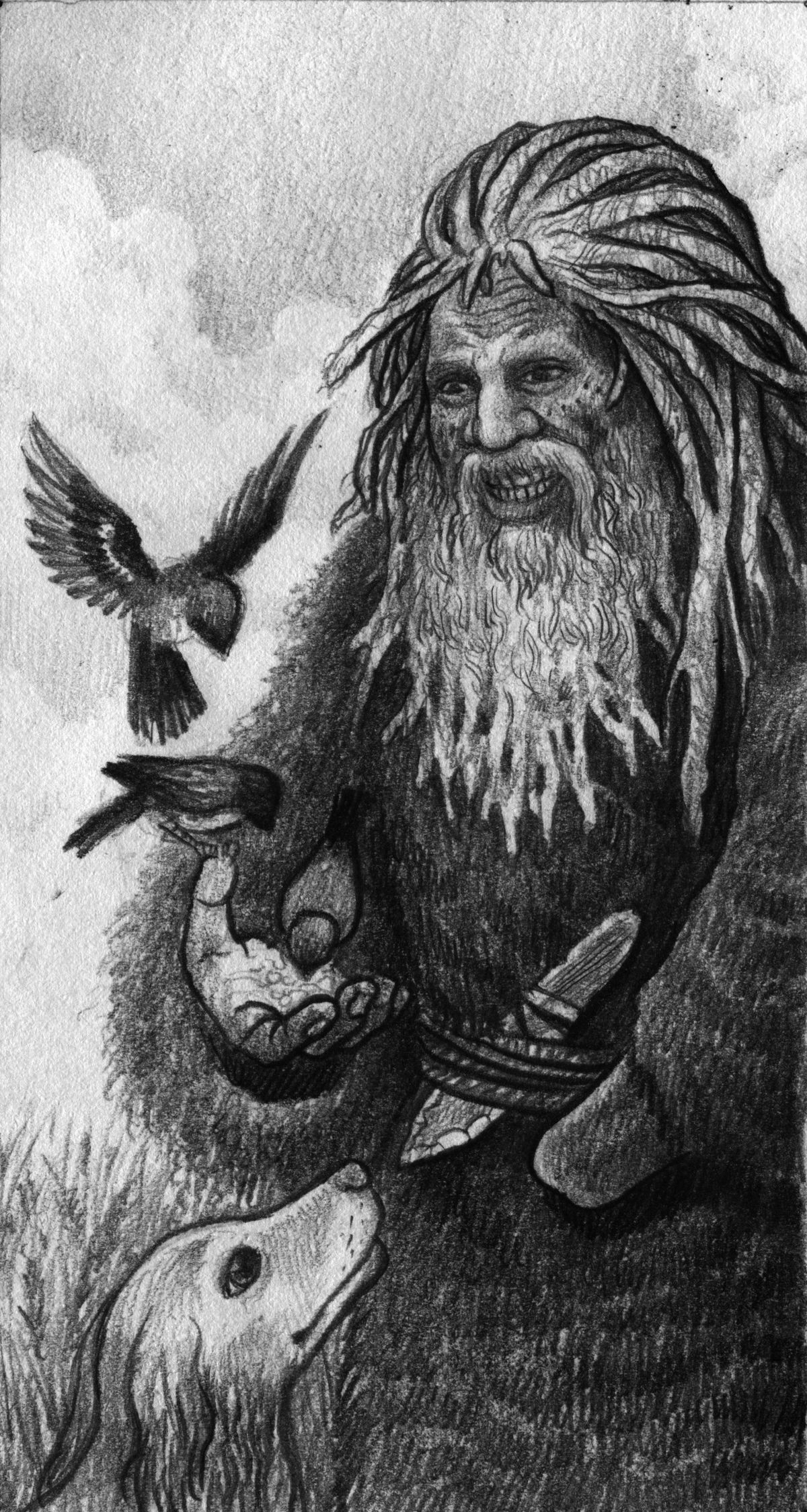 Un uomo di colore con i dreadlocks brizzolati e una mano mancante dà da mangiare agli uccelli.