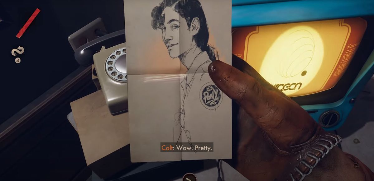 Colt guarda un disegno di Lila in Deathloop.