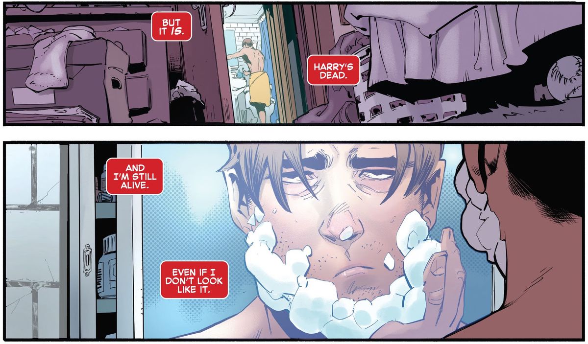 Un depresso Peter Parker si insapona per radersi mentre pensa “Harry è morto.  E sono ancora vivo.  Anche se non sembro