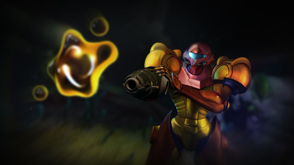 Samus Aran looks at an X Parasite hovering in the air in front of her