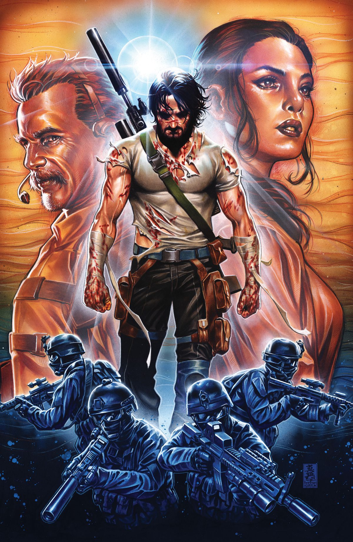 B cammina come Wolverine su una copertina con tanti volti di personaggi per BRZRKR