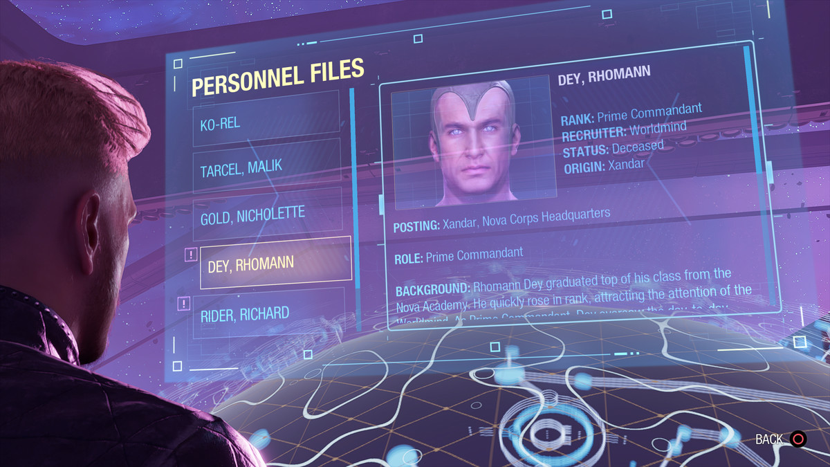 The Nova Corps personnel file for Rhomann Dey