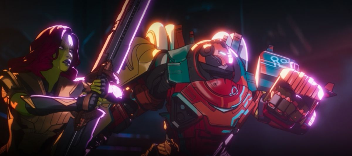 E se...?: Gamora e Iron Man in armatura Hulkbuster si difendono da The Watcher