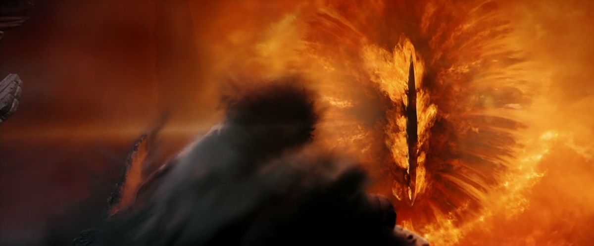 Frodo guarda nell'occhio fiammeggiante di Sauron dal trono di Amon Hen ne Il Signore degli Anelli: La Compagnia dell'Anello.