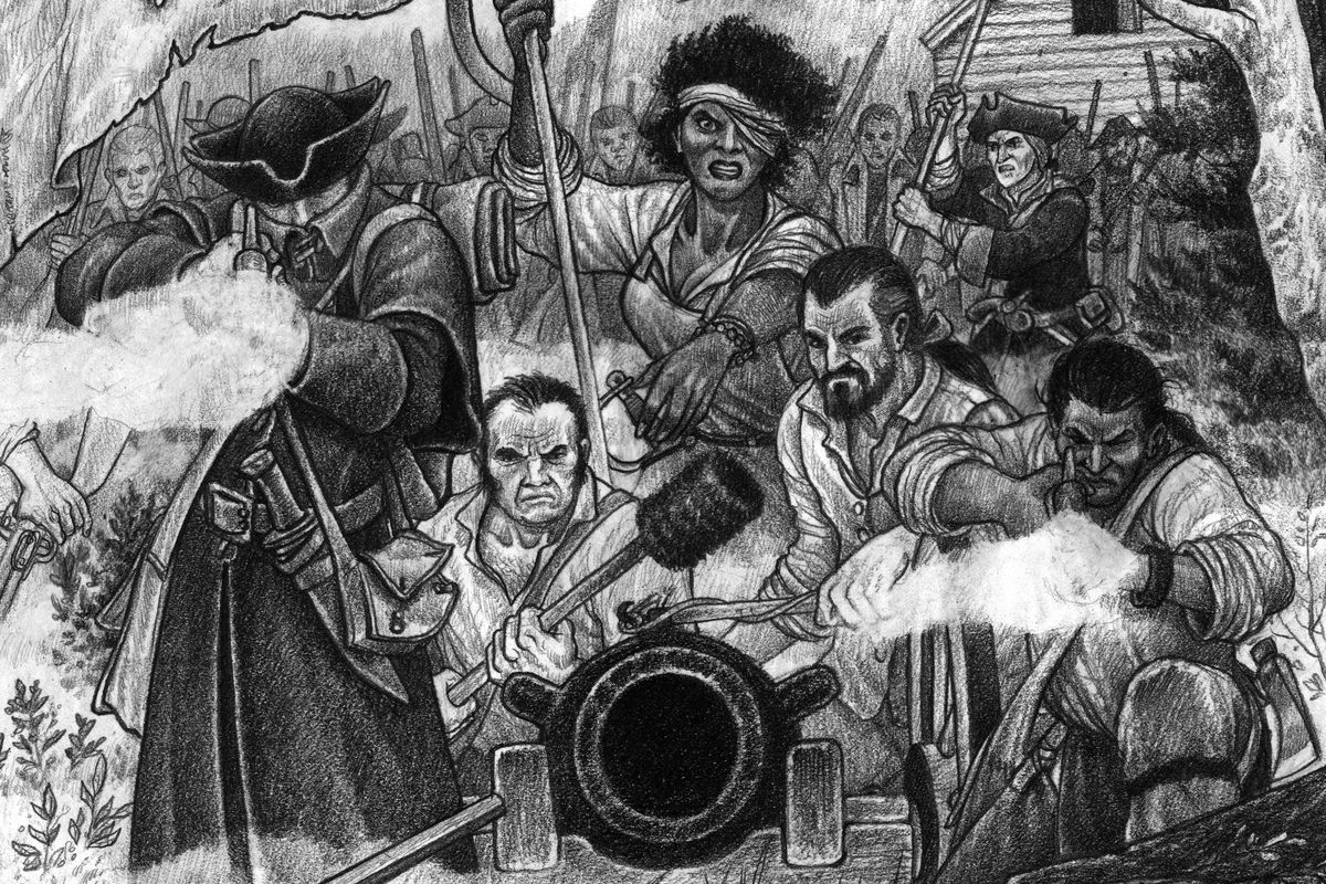 Una squadra di ribelli dietro una barricata di tronchi prepara un pezzo di artiglieria.