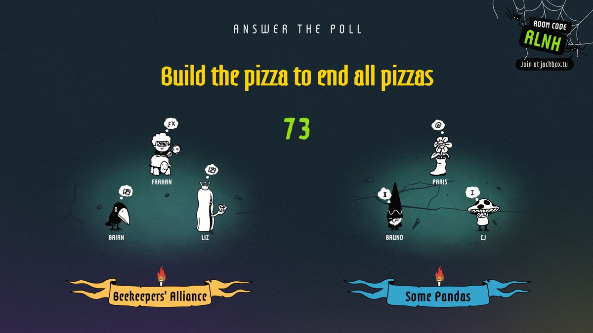 The Poll Mine - due gruppi di avventurieri si fissano mentre viene sollevata la domanda sui migliori condimenti per pizza