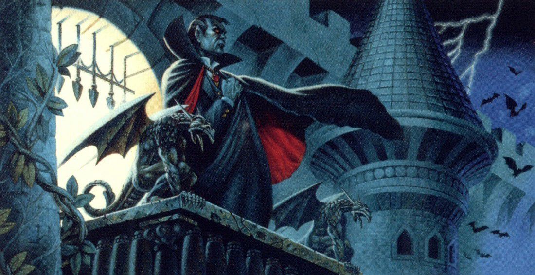 Un'illustrazione di Strahd von Zarovich tra le torri del castello Ravenloft