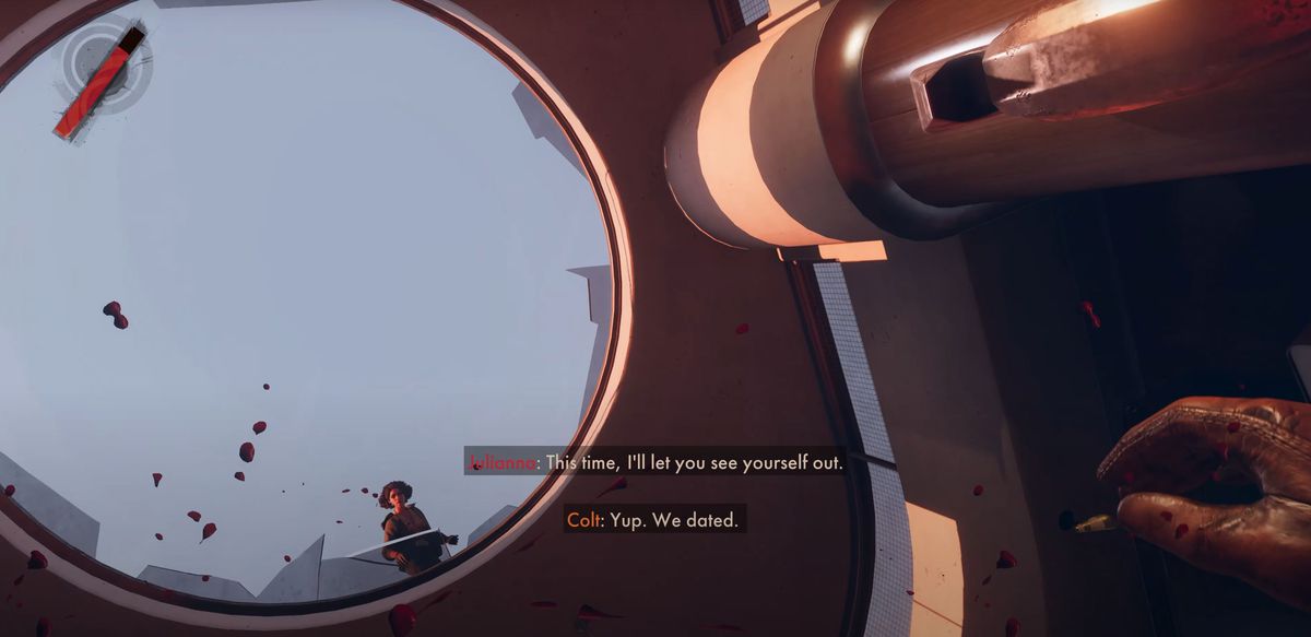 All'inizio di Deathloop, Julianna lancia Colt attraverso un lucernario e lui presume che siano usciti insieme.