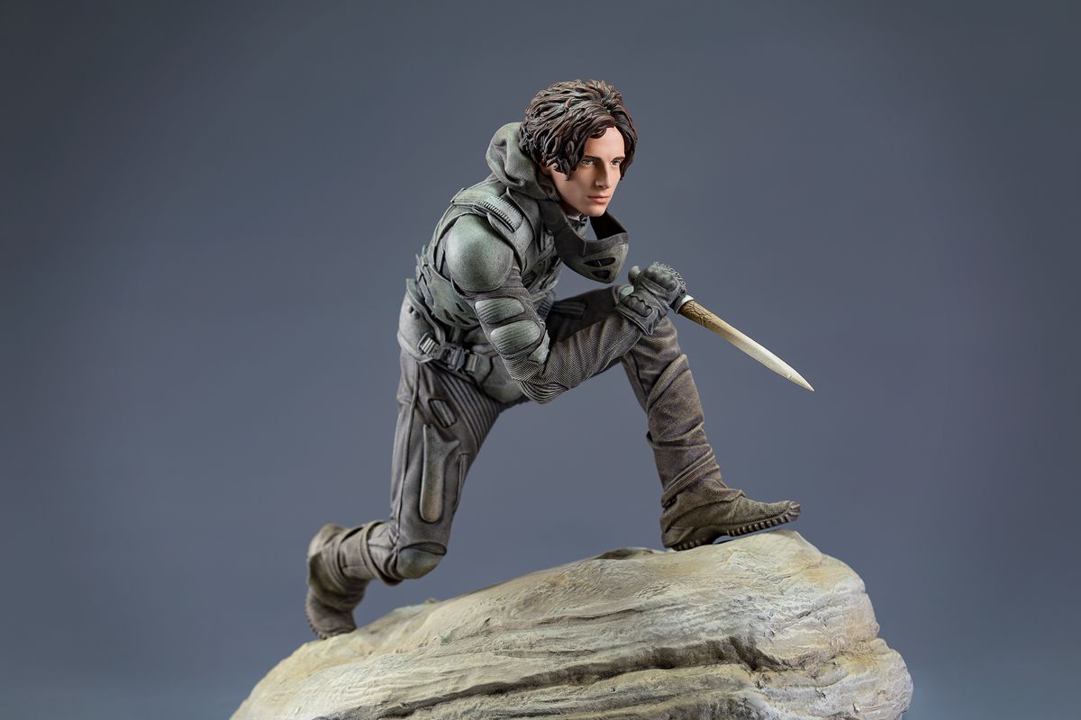 Paolo di Dune di Timothée Chalamet come una statua in piedi su una roccia con in mano un coltello