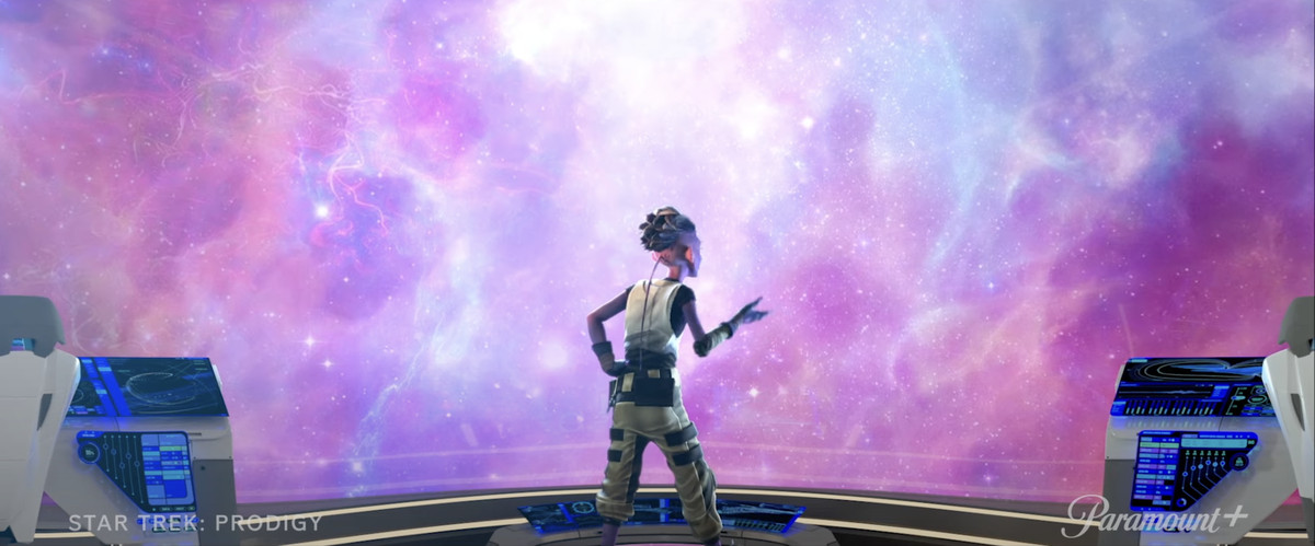 Dal looks at the vast starscape on the bridge of a Federation ship in Star Trek: Prodigy.