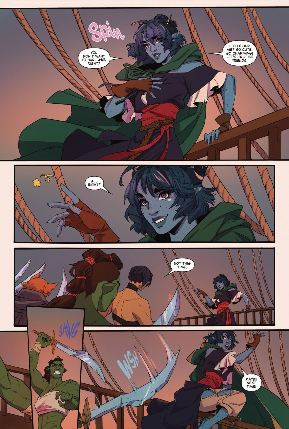 Si gira di scatto, un'espressione timida sul viso. “Non vuoi farmi del male, vero? Piccolo vecchio me? Così carino! Così affascinante! Meglio restare solo amici.