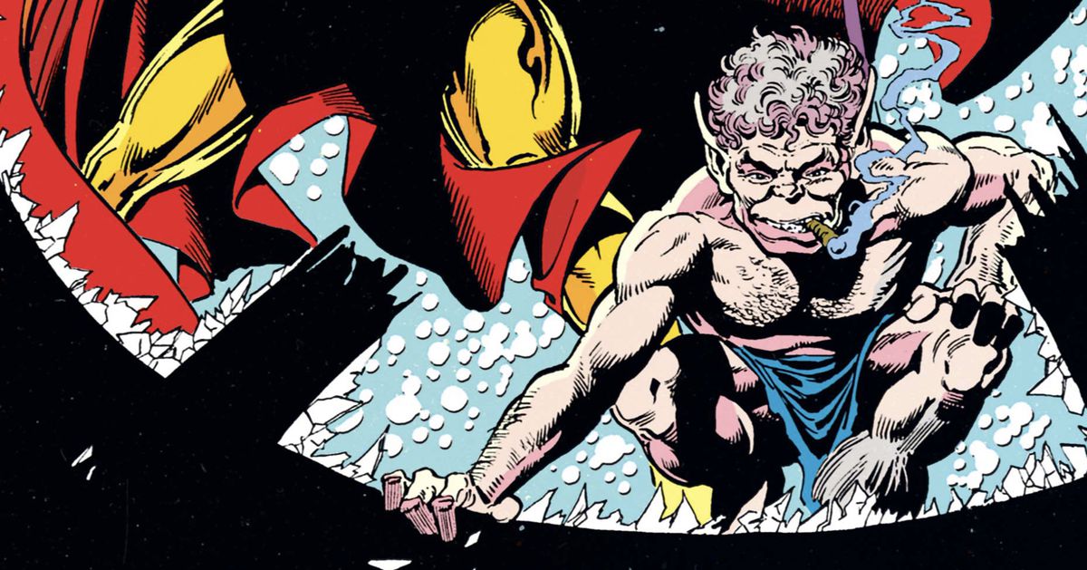 Pip the Troll, con le sue caratteristiche orecchie a punta e lo stile solo perizoma, mastica un sigaro e si acquatta vicino a una finestra rotta in Infinity Gauntlet #2 (1991).