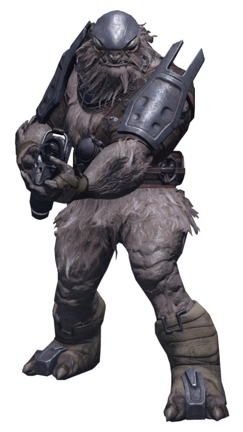un Bruto, un gigantesco alieno simile a una bestia proveniente da Halo. ha pelliccia su tutto il corpo e ha un corpo muscoloso e costruito.