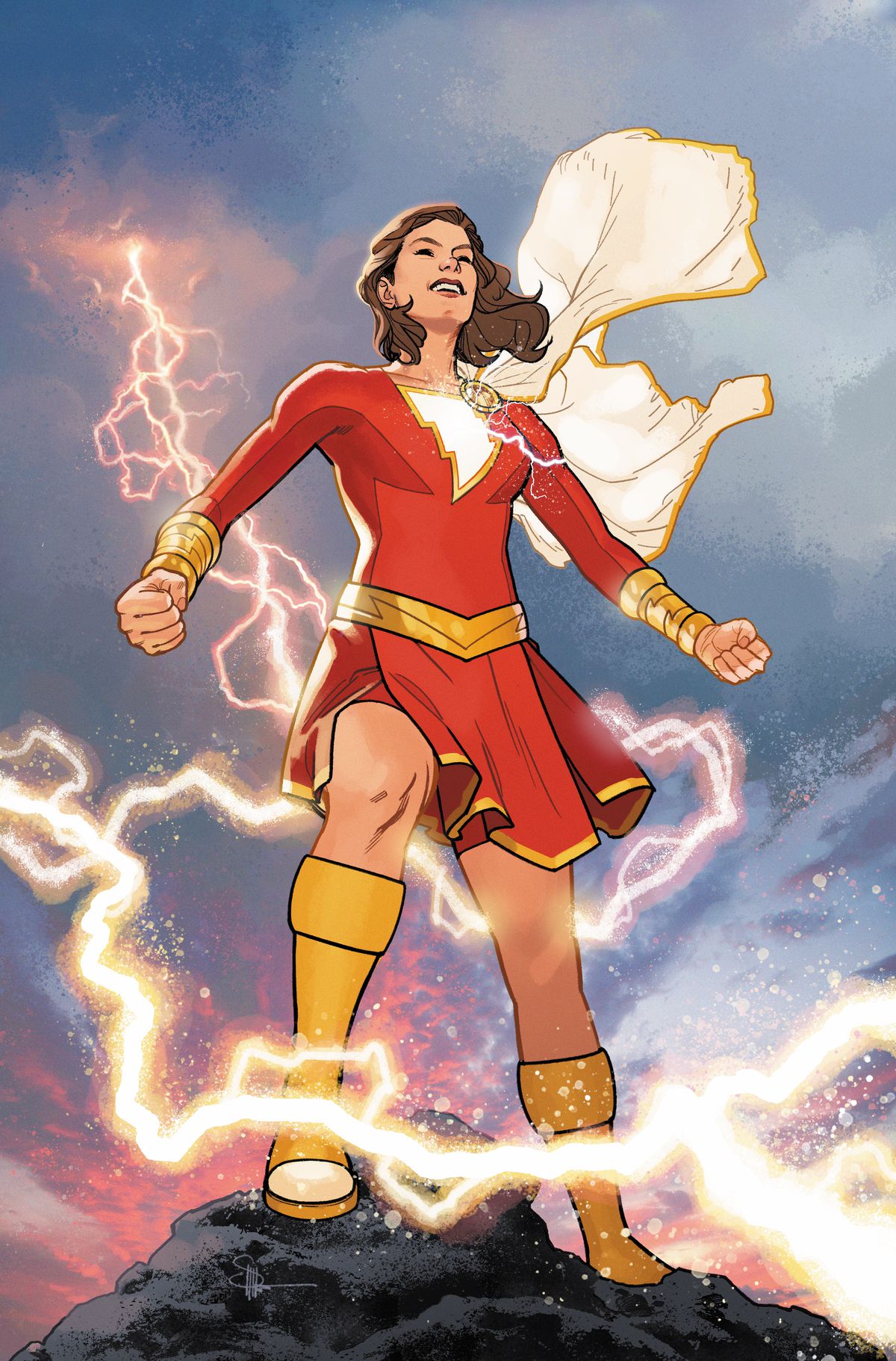 Mary Bromfield si è vestita nella sua forma di supereroe usando il potere di Shazam sulla copertina di The New Champion of Shazam! #1 (2022).