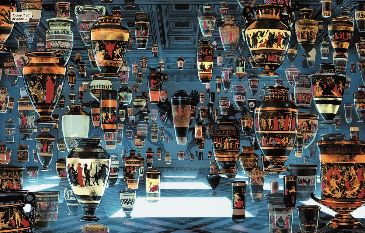 Più di cento urne sono appese misteriosamente sospese in una sala di marmo, ognuna raffigurante atti di