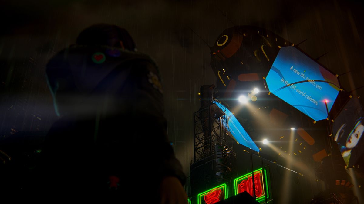 Un dirigibile sorvola Los Angeles in Blade Runner: Black Lotus con un cartello che recita 