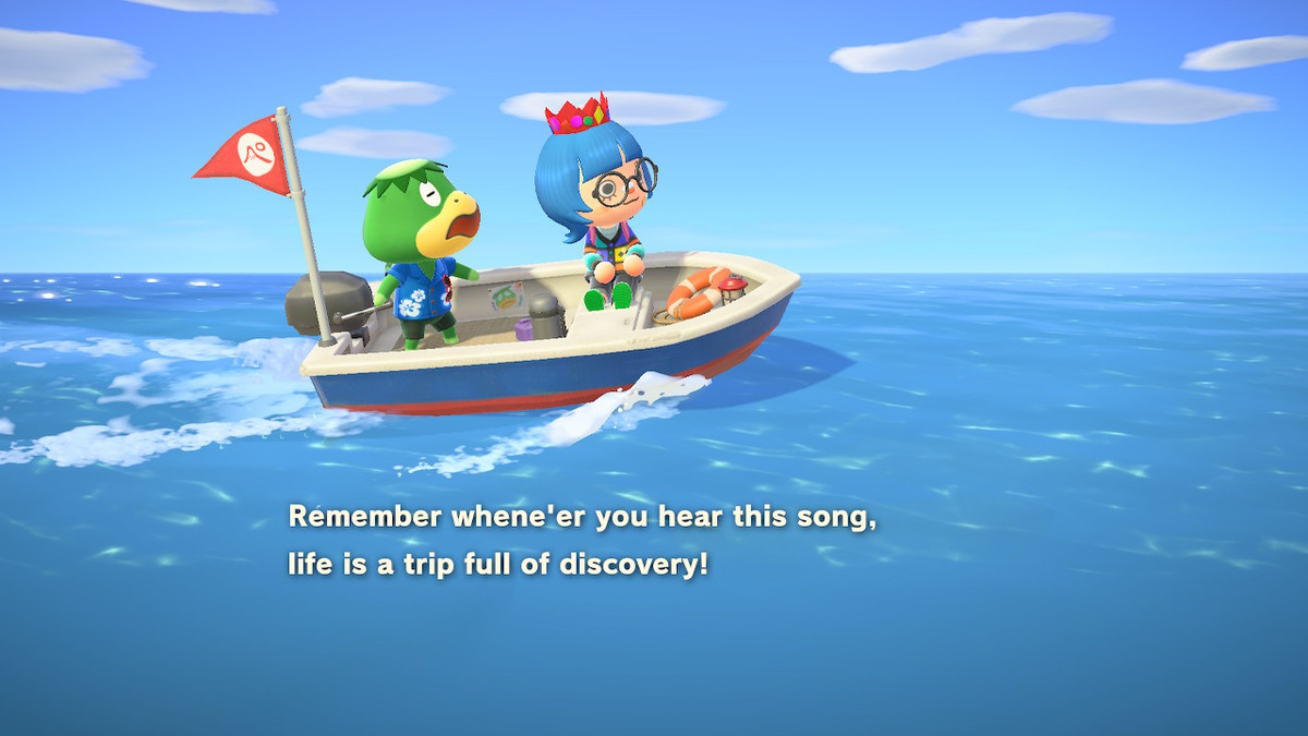 Un giocatore su una barca con Kapp'n che canta la sua canzone in Animal Crossing: New Horizons