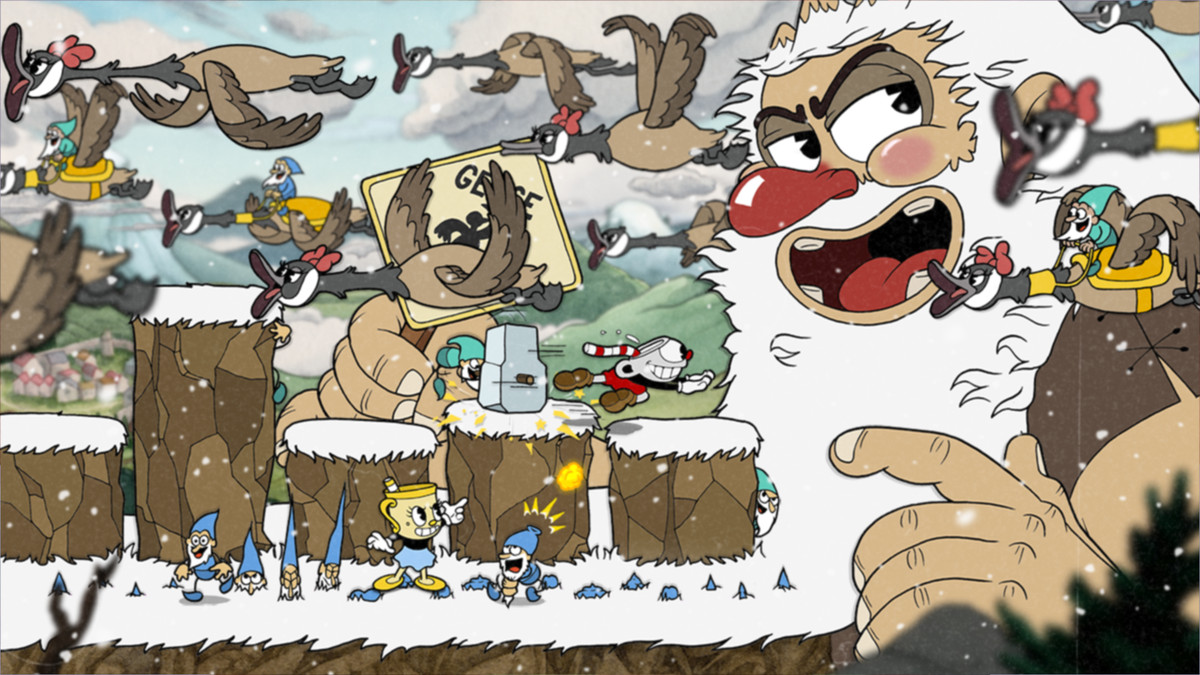 un'immagine del gioco animato cuphead. c'è un grande gigante barbuto che sembra un boss e si abbassa in tutto il livello.