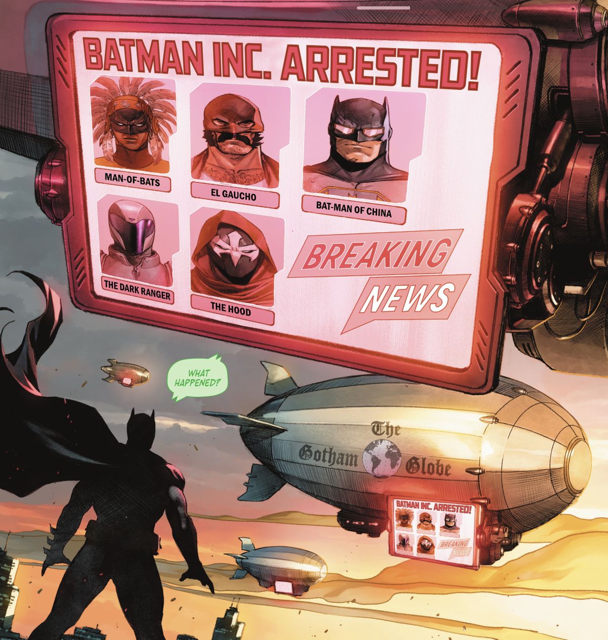 Batman vede un dirigibile che mostra le ultime notizie che cinque membri di Batman Inc. sono stati arrestati in Batman #118 (2021).