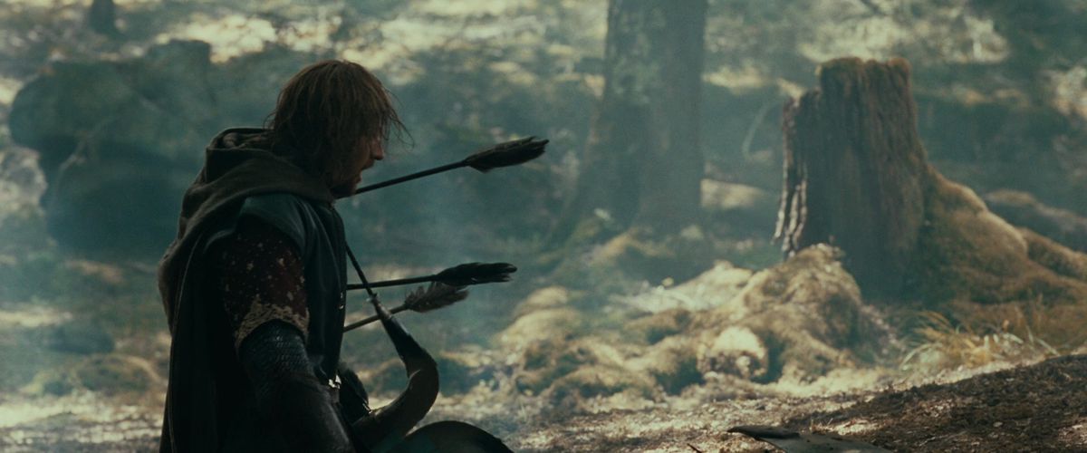 Boromir, skewered with huge arrows, in The Fellowship of the Ring