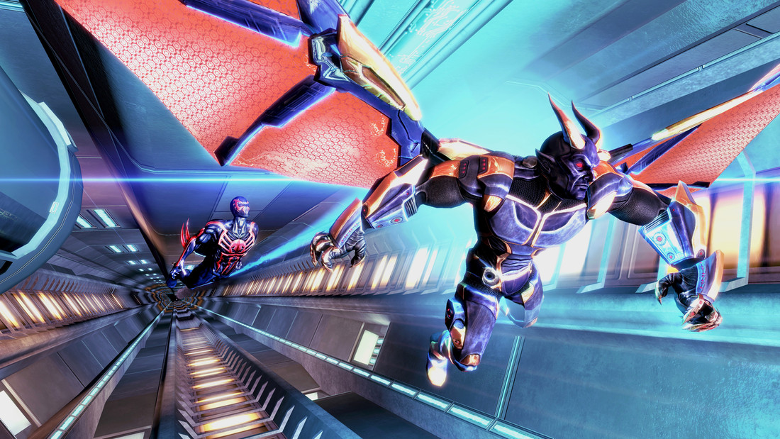 Spider-Man 2099 insegue un nemico in Spider-Man: Shattered Dimensions