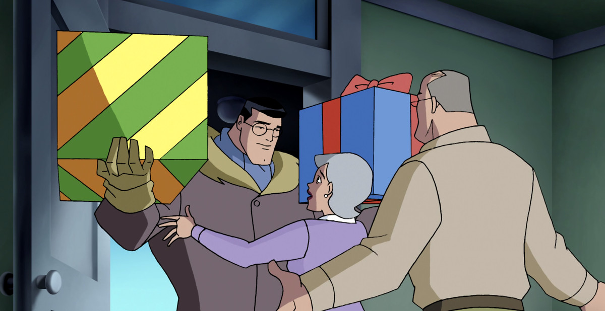 Clark Kent arrives home to the Kent family farm with two enormous wrapped presents held easily in his super-strong arms, in Justice League Unlimited.