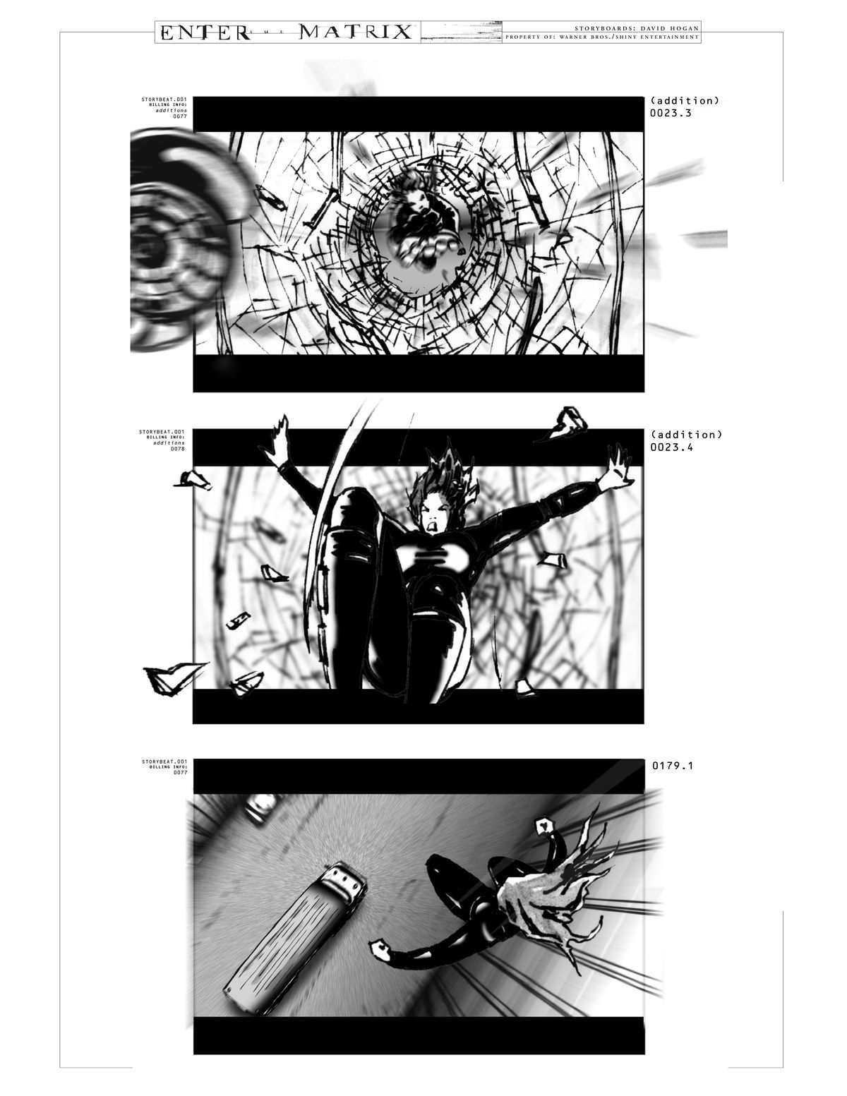 In a trio of storyboard drawings, a character from Enter the Matrix smashes through a building window and falls down onto a truck driving down the street below