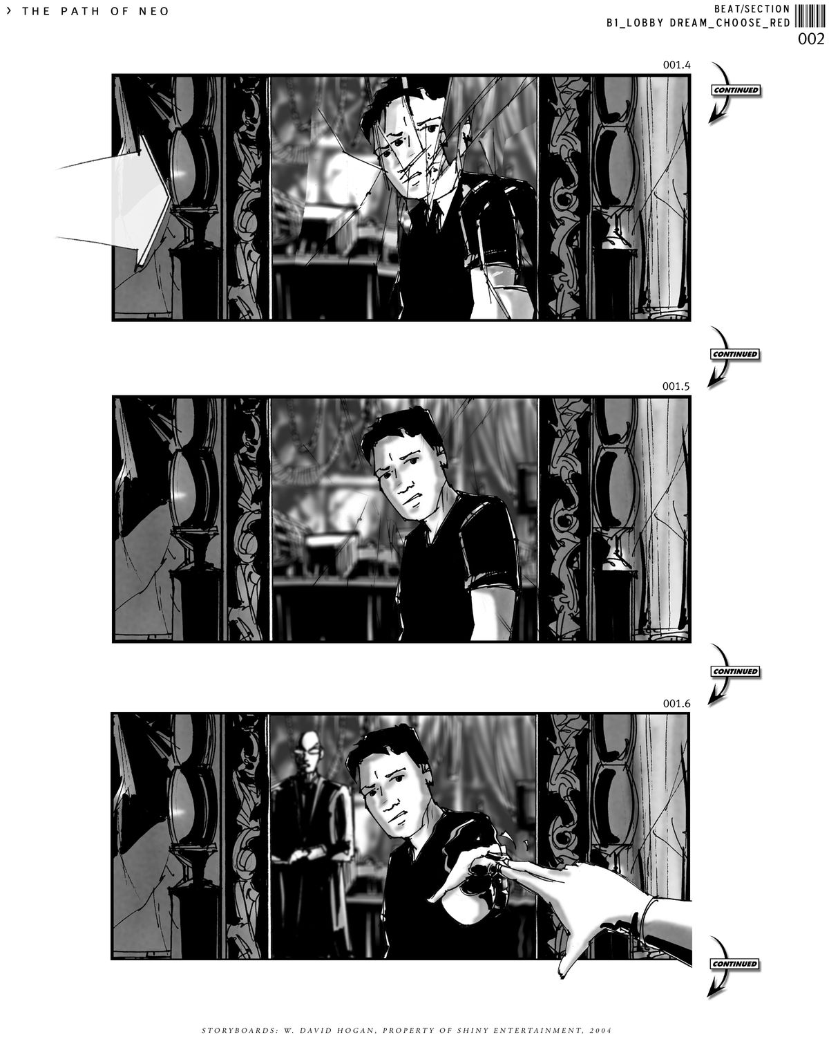 In a trio of Path of Neo storyboards, Neo reaches out to touch a mirror and his body dissolves into it