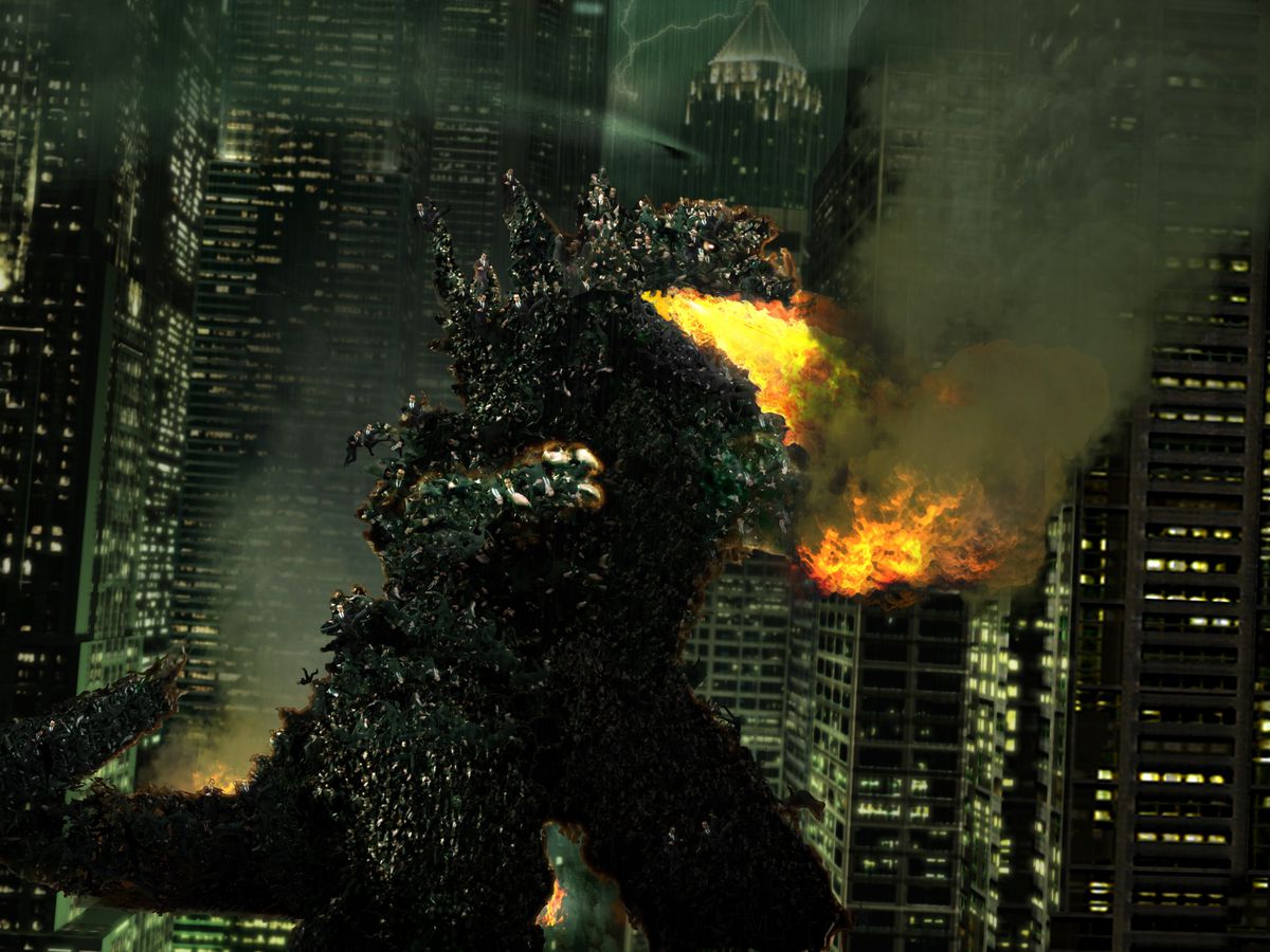 A rendering of MegaSmith as a Godzilla-like creature, breathing fire while stomping through a city, created for Path of Neo