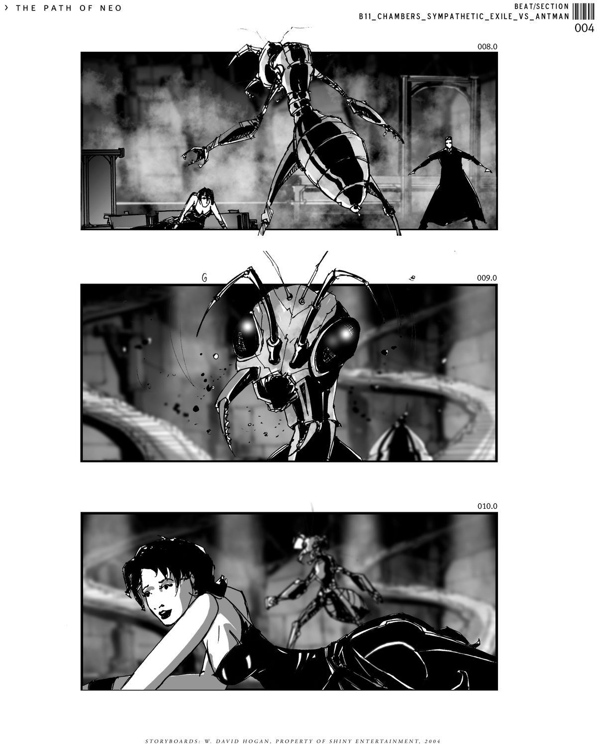 A trio of storyboards for Path of Neo depict Neo fighting a massive ant while a woman in leather writhes on the ground