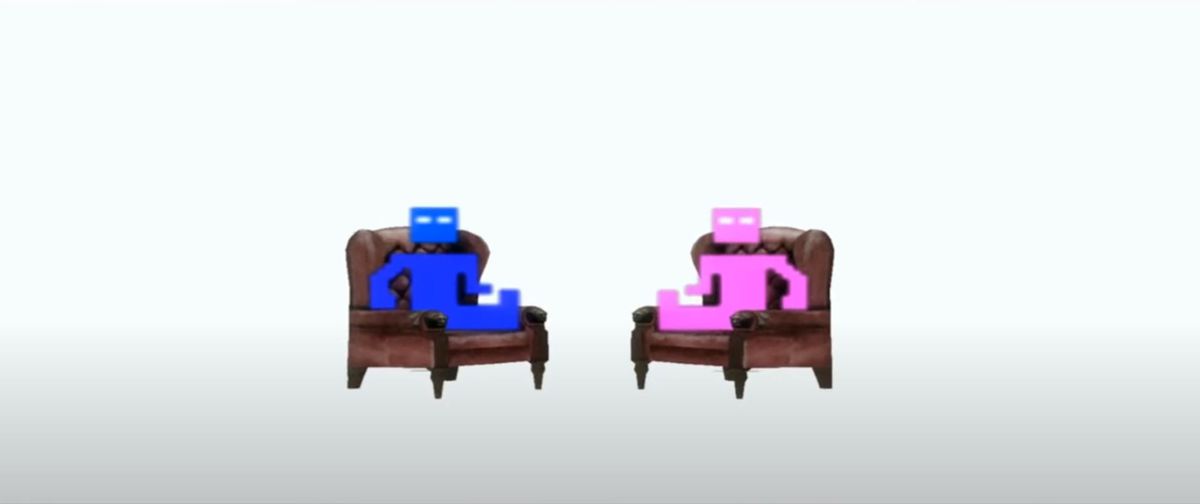 Pixelated figures representing the Wachowskis sit in chairs like Morpheus at the end of Path of Neo, at which point they congratulate the player and share their own thoughts