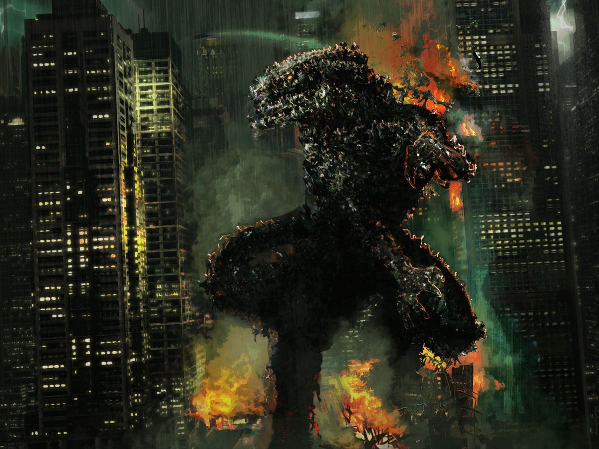 A rendering for the Path of Neo video game depicting MegaSmith as a Godzilla-like creature stomping through city streets