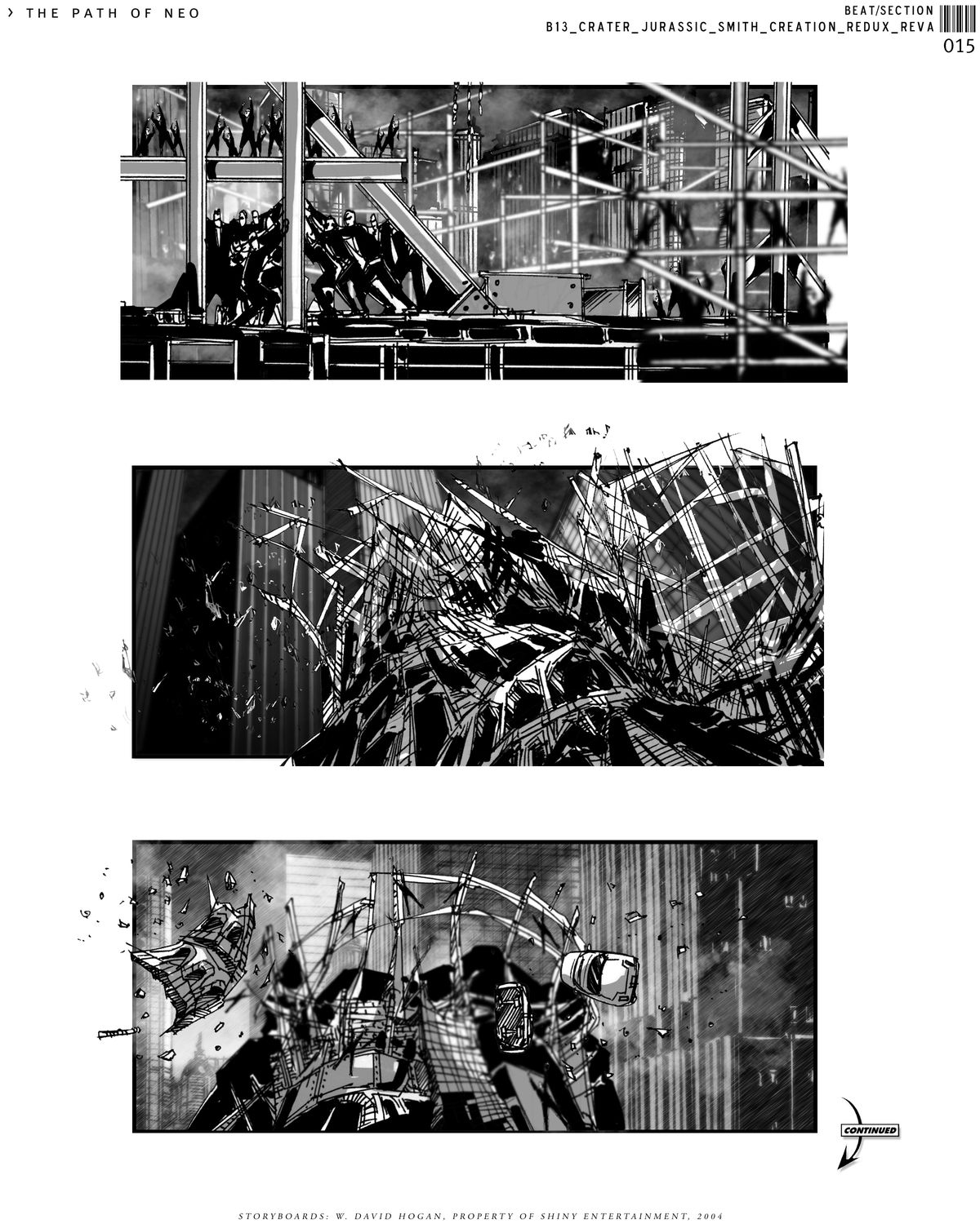 In a trio of storyboards for Path of Neo, dozens of Agents flock together to form MegaSmith