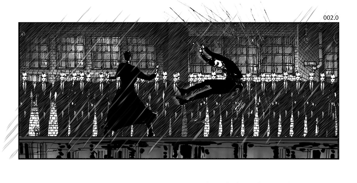 In a storyboard drawing for Path of Neo, Neo attacks an Agent while dozens of Agents stand in the background watching the fight